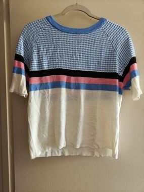 Striped Knit Short Sleeve Top in Blue, Pink, Black & White